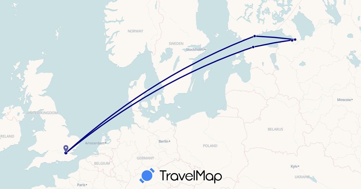 TravelMap itinerary: driving in Estonia, Finland, United Kingdom, Russia (Europe)