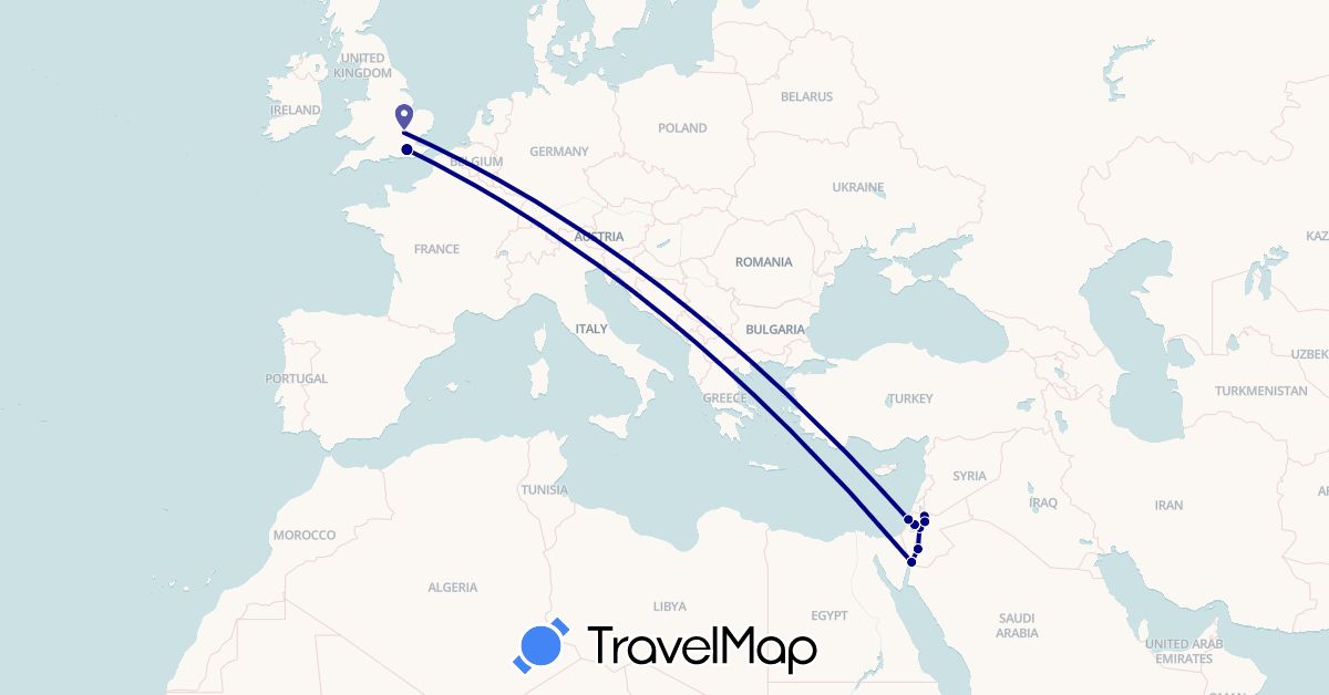 TravelMap itinerary: driving in United Kingdom, Israel, Jordan, Palestinian Territories (Asia, Europe)